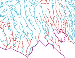 Streams present and past, from Pacific Palisades to Bel Air.  Blue streams are present, red are gone, baby, gone.