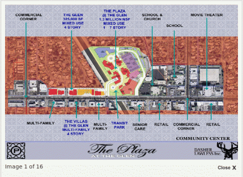 Site plan for The Plaza at the Glen proposed development. Tujunga Wash runs diagonally from the upper left to the lower center of the plan. Image from Dasher Lawless, Inc website. Click for larger version and additional images.