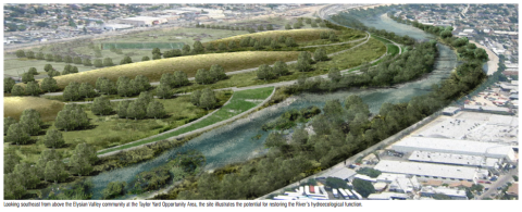 Image of 100+acre park at Taylor Yard, including concrete removal, widening the existing soft-bottom river. Image from city of L.A. L.A. River Revitalization Master Plan.